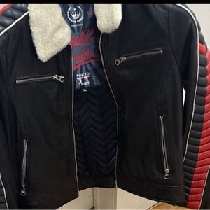 Chic Black and Red Moto Leather Jacket with Shearling Collar